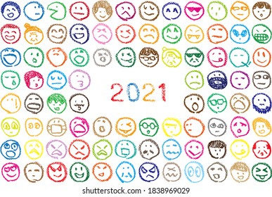 Many Faces And 2021 Numbers Hand-painted With Crayons. New Year Card Design Image.