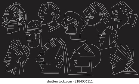 Many Faces Black White Line Art Stock Vector (Royalty Free) 2184036111