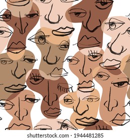 Many Faces Seamless Pattern, Made Up Of Different Eyes, Mouths, Noses. Seamless Vector Background.