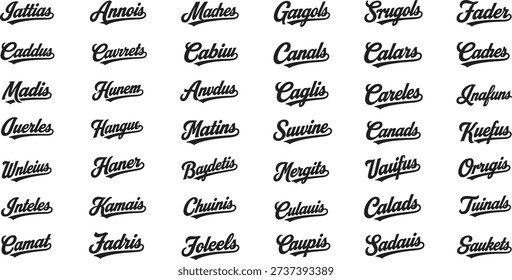 many fake words in cursive script on white background