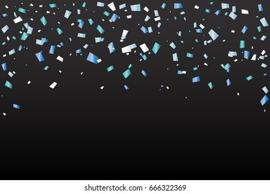 Many Falling Blue Luxury Confetti On Black Background. Celebration Event and Party. Multicolored. Vector