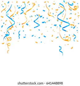 Many Falling Blue And Orange Tiny Confetti And Streamer Ribbon On White Background. Vector