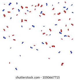 Many Falling Blue And Red Luxury Tiny Confetti On White Background. Celebration Event and Party. Chile or American flags color concept design. Memorial day. independence. Vector