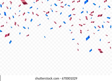 Many Falling Blue And Red Luxury Tiny Confetti On Transparent Background. Celebration Event and Party. Multicolored. Vector