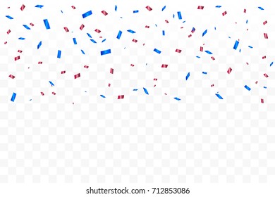Many Falling Blue And Red Luxury Tiny Confetti On Transparent Background. Celebration Event and Party. Happy New Year Decoration 2018. Multicolored. Vector