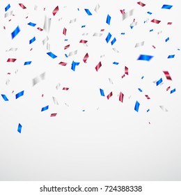Many Falling Blue And Red Luxury Tiny Confetti On White Background. Celebration Event and Party. Multicolored. Vector