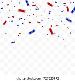 Many Falling Blue And Red Luxury Tiny Confetti On Transparent Background. Celebration Event and Party. Multicolored. Vector