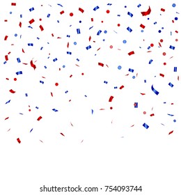 Many Falling Blue And Red Luxury Tiny Confetti On White Background. Celebration Event and Party. Multicolored. Vector