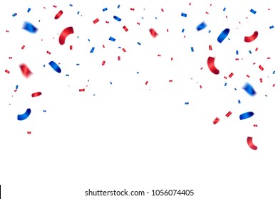 Many Falling Blue And Red Tiny Confetti On White Background. Decoration Celebration Event and Party. Chile or American flags color concept design. Memorial day. independence. Vector