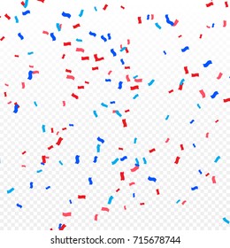 Many Falling Blue And Red Tiny Confetti On Transparent Background. Celebration Event and Party. Multicolored. Vector