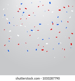 Many Falling Blue And Red White Luxury Tiny Confetti On Transparent Background. Celebration Event and Party. Multicolored. Vector