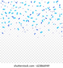 Many Falling Blue Tiny Confetti On Transparent Background. Vector