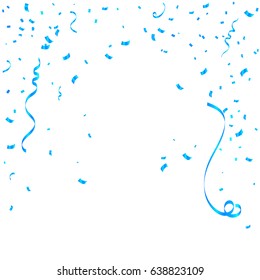 Many Falling Blue Tiny Confetti And Streamer Ribbon On White Background. Vector