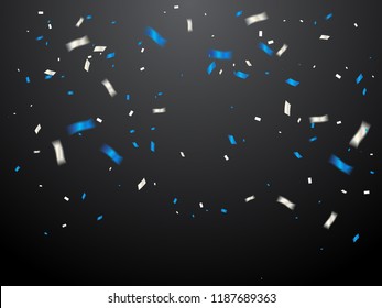 Many Falling Blue And White Tiny Confetti Isolated On Black Background. Celebration Event And Party. Multicolored. Vector