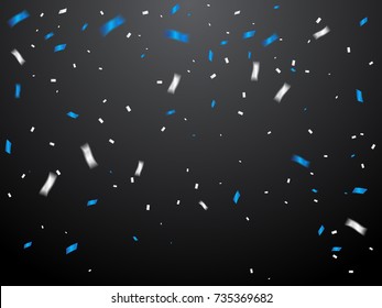 Many Falling Blue And White Tiny Confetti Isolated On Black Background. Celebration Event And Party. Multicolored. Vector