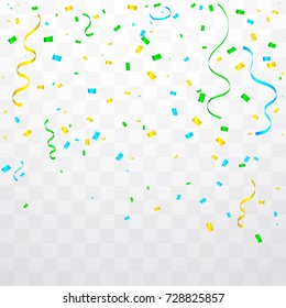 Many Falling Colorful Bright Tiny Confetti And Ribbon On Transparent Background. Celebration Event and Party. Multicolored. Vector