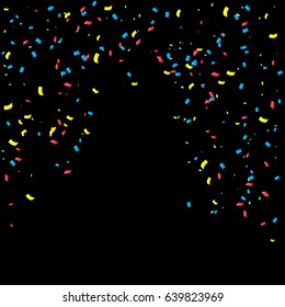 Many Falling Colorful Confetti Isolated On Black Background. Vector. Multi colored