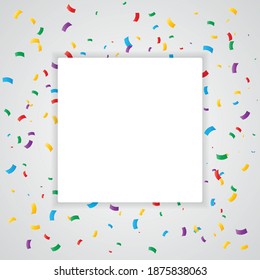 Many falling colorful confetti on background with White Paper Frame. Celebration banner. Vector