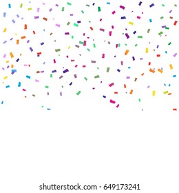 Many Falling Colorful Confetti On White Background. Vector. Celebration. Multicolored