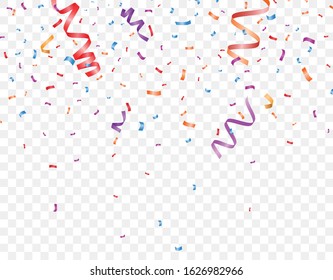 Many Falling Colorful Confetti Ribbon On Transparent Background. 