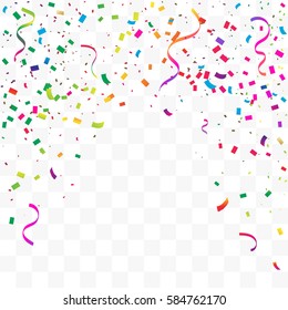 Many Falling Colorful Confetti Ribbon On Transparent Background. Vector