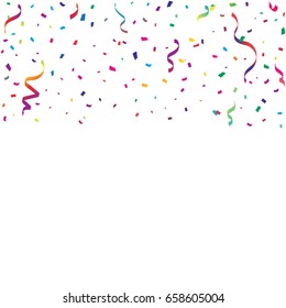 Many Falling Colorful Confetti And Ribbon Falling On White Background. Celebration. Festive. Multicolored. Vector