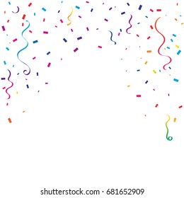 Many Falling Colorful Confetti With Ribbon Falling On White Background. Celebration Event & Party. Vector