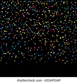 Many Falling Colorful Confetti Square Isolated On Black Background. Vector. Multi colored