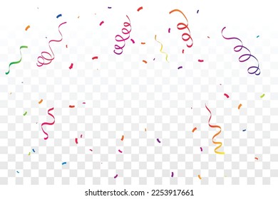 Many falling colorful confetti and streamer ribbon isolated on transparent background. Celebration banner. Vector