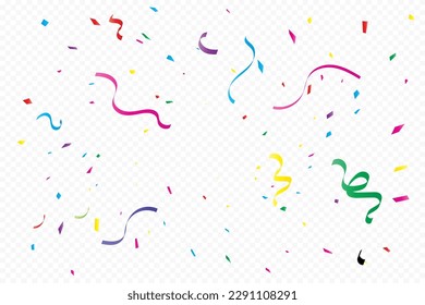 Many falling colorful confetti and streamer ribbon isolated on transparent background. Celebration banner. Vector