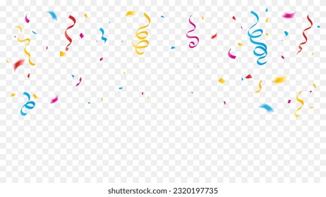 Many falling colorful confetti and streamer ribbons isolated on transparent background. Celebration banner. Vector