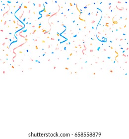 Many Falling Colorful Confetti And Streamer Ribbon Falling On White Background. Celebration. Festive. Multicolored. Vector