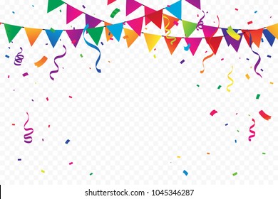 Many Falling Colorful Party Flags With Tiny Confetti And Ribbon On Transparent Background. Celebration Event & Congratulations. Multicolored. Vector