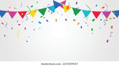 Viele fantasievolle Partyfahnen mit winzigen Confetti und Band auf weißem Hintergrund. Feierlichkeiten.  mehrfarbig. Vektorgrafik