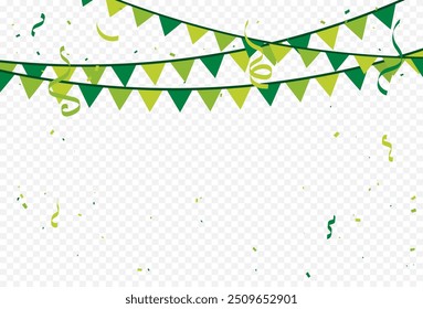 Many Falling Colorful Party Flags With Green Confetti And Streamer Ribbons On Transparent Background. Celebration. Happy Birthday. Congratulations. Vector Illustration