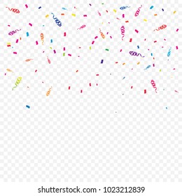 Many Falling Colorful Tiny Confetti And Ribbon On Transparent Background. Celebration Event and Party. Multicolored. Vector
