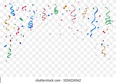 Many Falling Colorful Tiny Confetti And Ribbon On Transparent Background. Celebration Event and Party. Multicolored. Vector