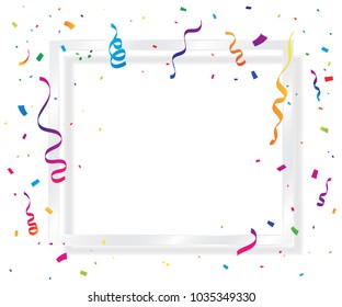 Many Falling Colorful Tiny Confetti And Ribbon With White Frame Background. Celebration Event and Party. Multicolored. Vector