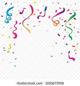 Many Falling Colorful Tiny Confetti And Ribbon On Transparent Background. Celebration Event and Party. Multicolored. Vector