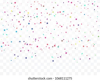 Many Falling Colorful Tiny Confetti And Stars On Transparent Background. Celebration Event and Party. Multicolored. Vector