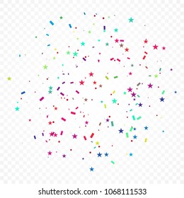 Many Falling Colorful Tiny Confetti And Stars On Transparent Background. Celebration Event and Party. Multicolored. Vector