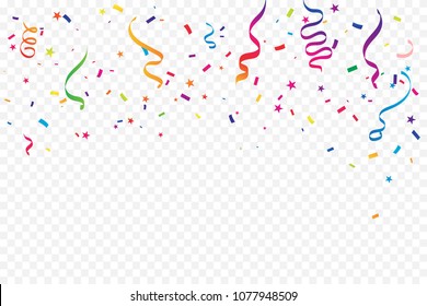 Many Falling Colorful Tiny Confetti And Ribbon On Transparent Background. Celebration Event and Party. Multicolored. Vector