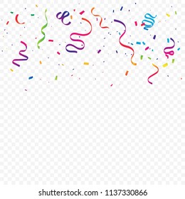 Many Falling Colorful Tiny Confetti And Ribbon On Transparent Background. Celebration Event and Party. Multicolored. Vector