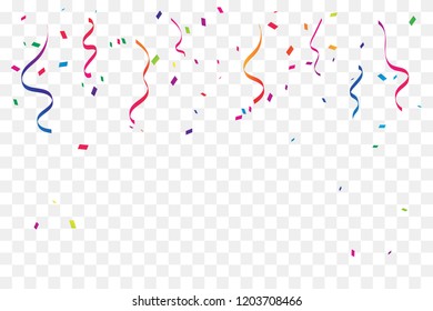 Many Falling Colorful Tiny Confetti And Ribbon On Transparent Background. Celebration Event and Party. Multicolored. Vector