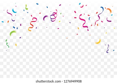 Many Falling Colorful Tiny Confetti And Ribbon On Transparent Background. Celebration Event and Party. Multicolored. Vector