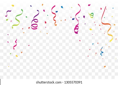 Many Falling Colorful Tiny Confetti And Ribbon On Transparent Background. Celebration Event and Party. Multicolored. Vector