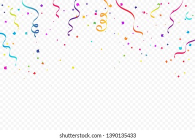 Many Falling Colorful Tiny Confetti And Ribbon On Transparent Background. Celebration Event and Party. Multicolored. Vector