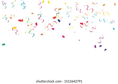 Many Falling Colorful Tiny Confetti And Ribbon On White Background. Celebration Event and Party. Multicolored. Vector