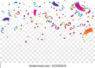 Many Falling Colorful Tiny Confetti And Ribbon On Transparent Background. Party And Celebration Banner. Multicolored. Vector