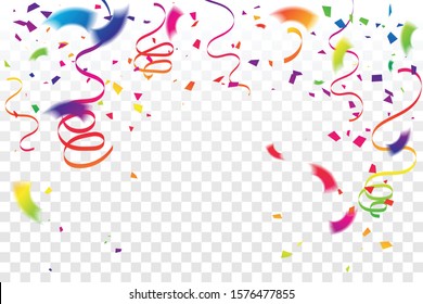 Many Falling Colorful Tiny Confetti And Ribbon On Transparent Background. Celebration Event and Party. Multicolored. Vector